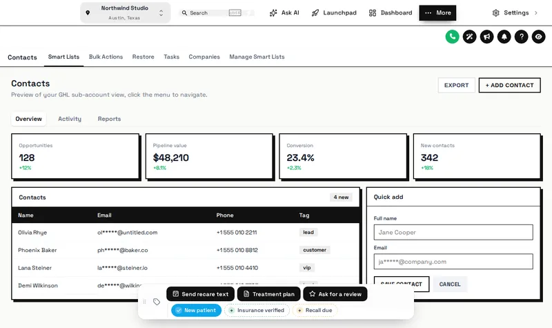 GoHighLevel contact page with a contact actions bar showing New patient, Insurance verified and Recall due chips and three buttons