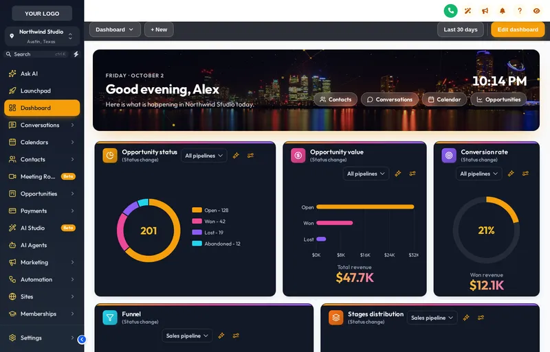 GoHighLevel dashboard with the City Night photo design and dark widget cards