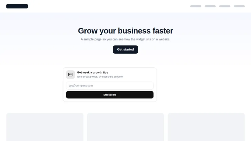 Inline email signup box widget placed inside a sample web page