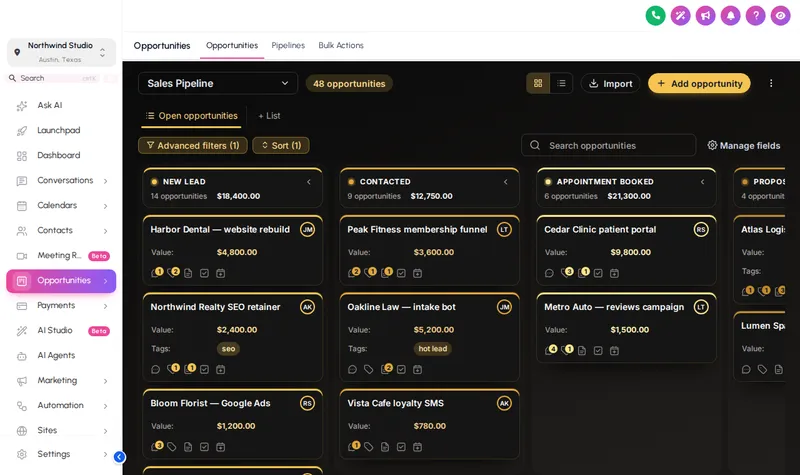 GoHighLevel opportunities board with the dark Obsidian design