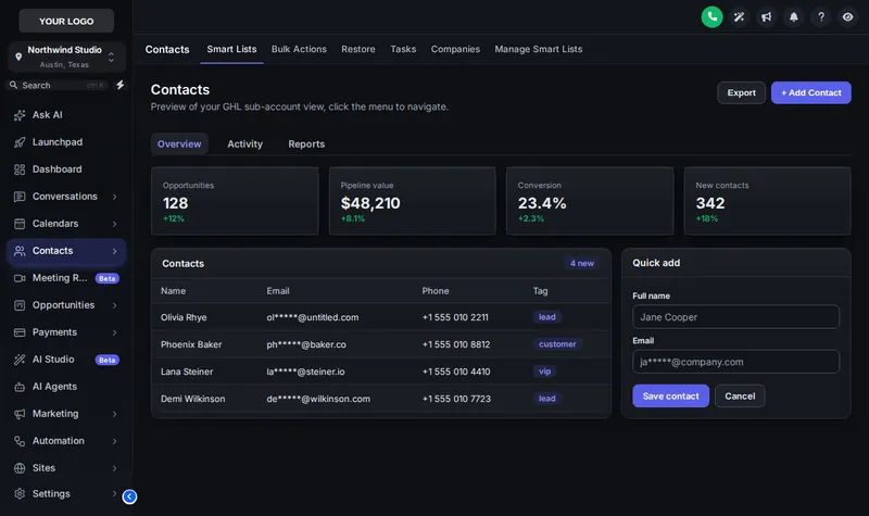 Graphite Pro dark mode theme on the GoHighLevel contacts list